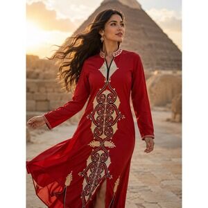 Made in A.R.E. Galabeya Robe Unisex Size 4 Red Good Embroidered Ethnic‎ Egyptian